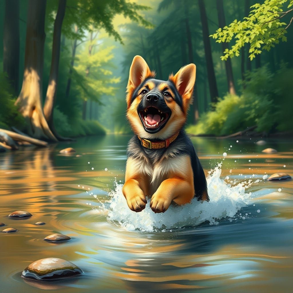 "A joyful German Shepherd puppy splashing through a serene, shallow forest stream, surrounded by lush green trees and ge...