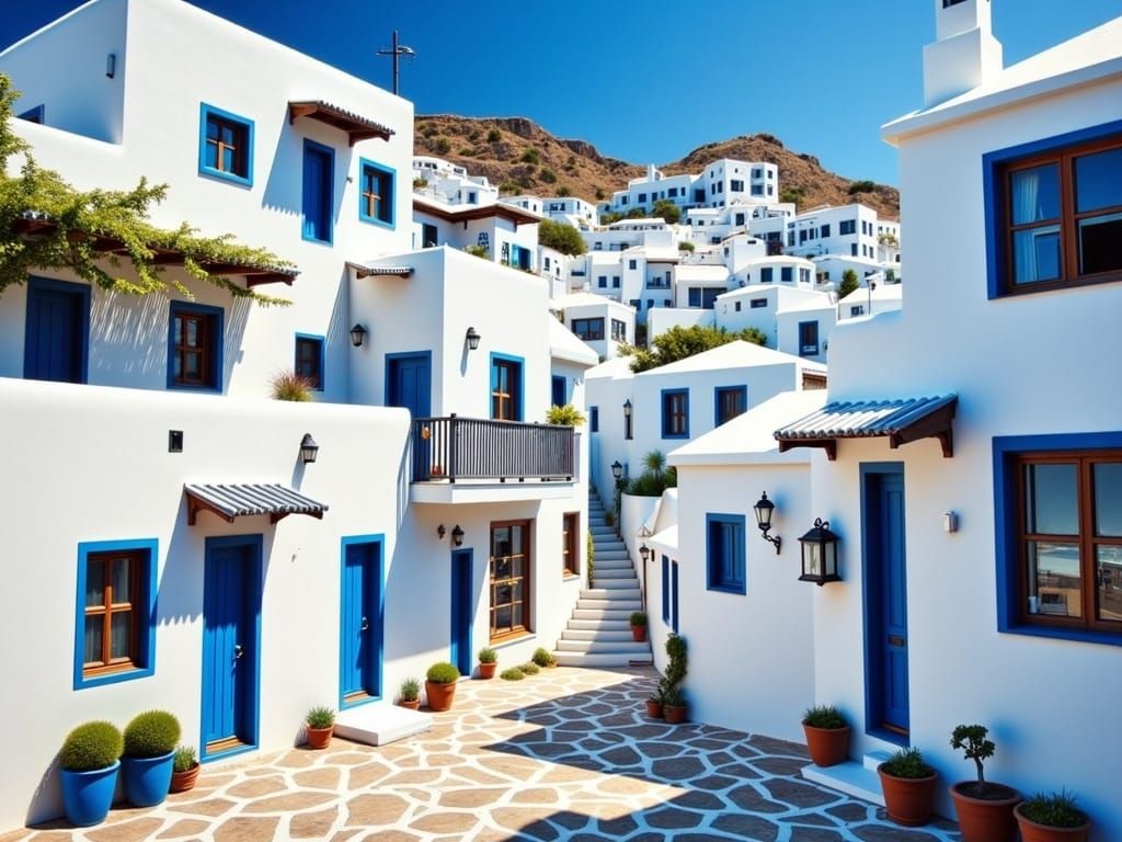 Whimsical Coastal Village in Geometric Abstract Style