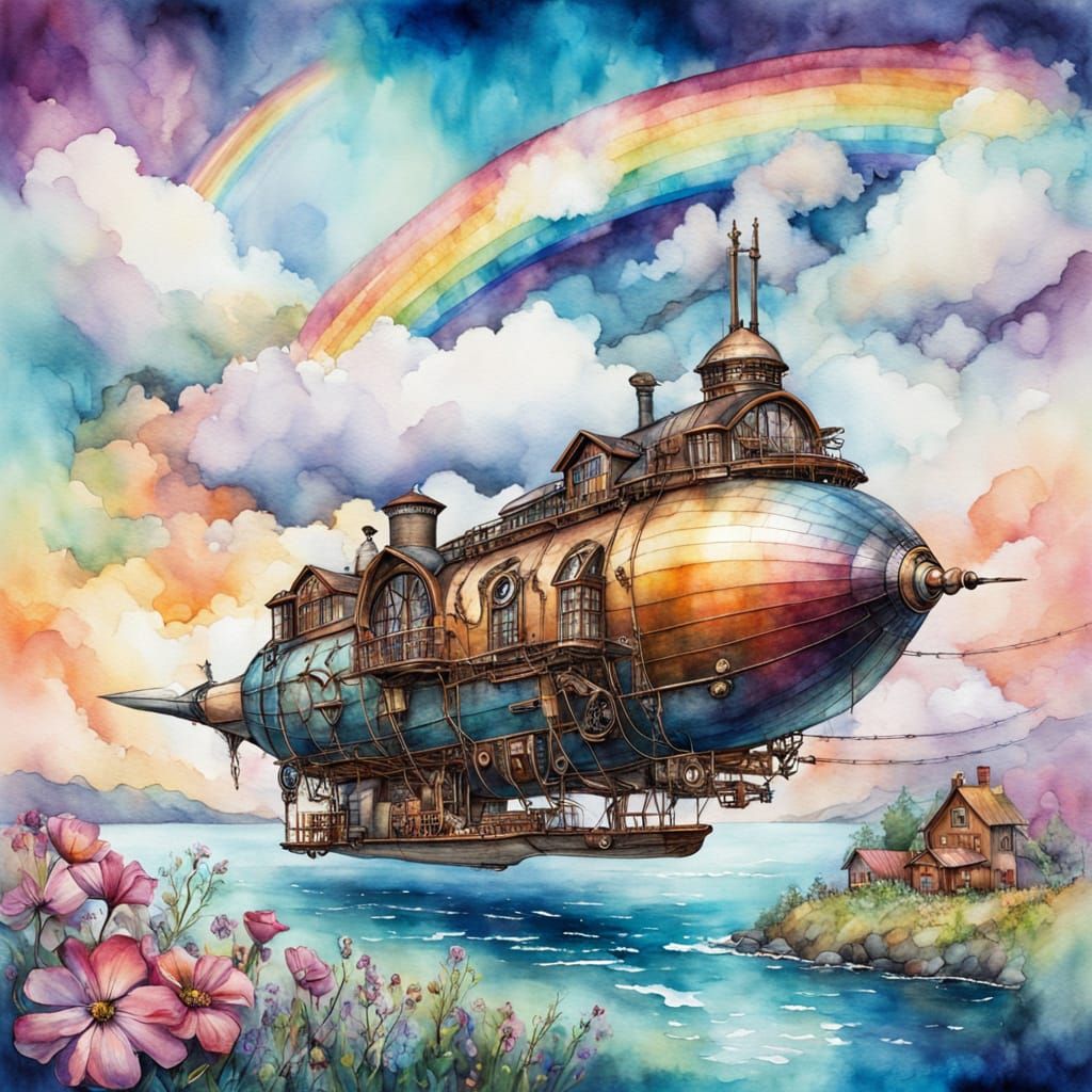 Steampunk Airship in Whimsical Watercolor