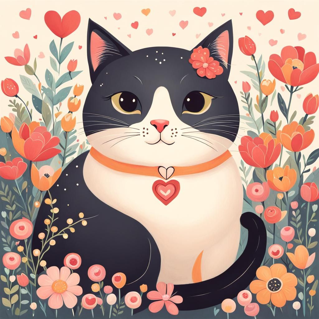 Cute Cat Surrounded by Flowers and Heart Lights