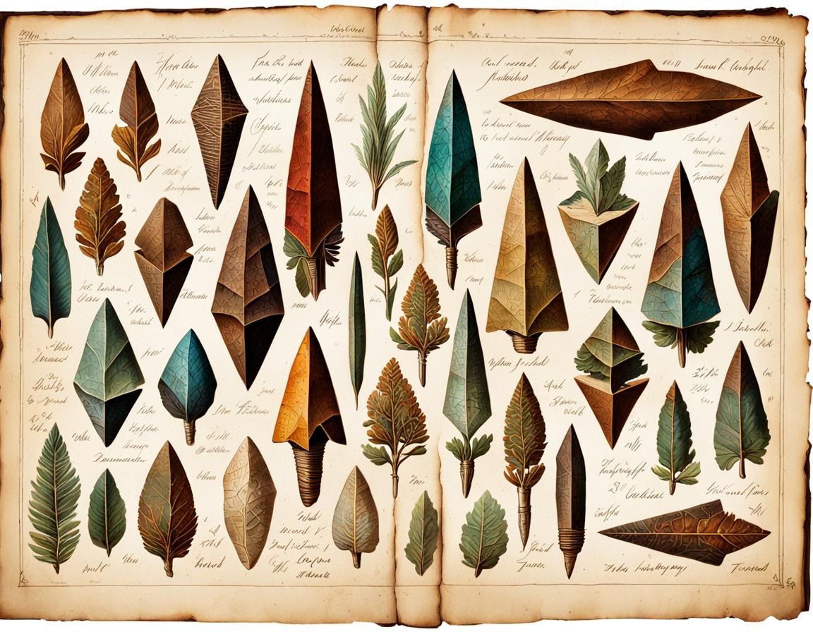Antique Native American Arrowheads and Herbs Illustration
