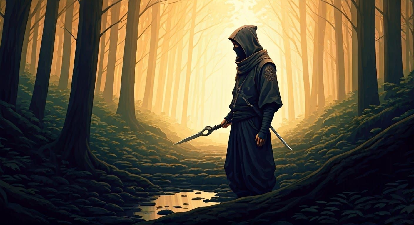 Ninja in Misty Forest: Edo Period Ukiyo-e Print