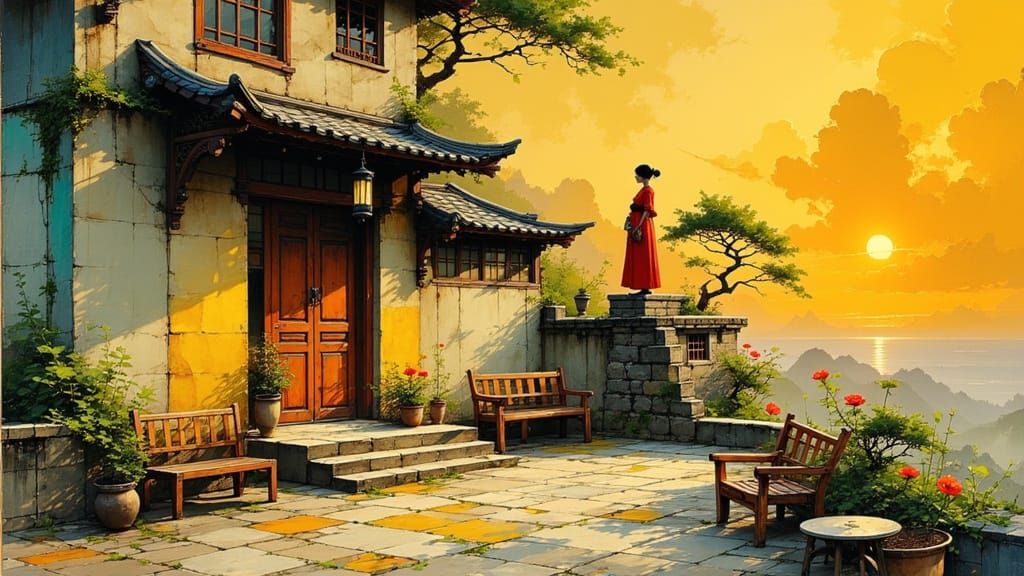 Whimsical Tibetan Courtyard Scene in Watercolor Style