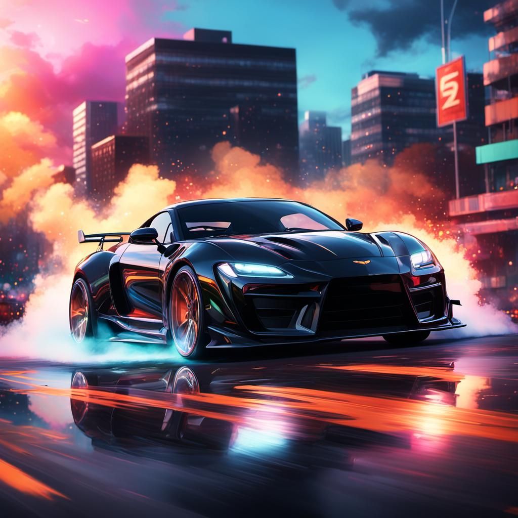 Black Sports Car Drifting: 3D Anime Art