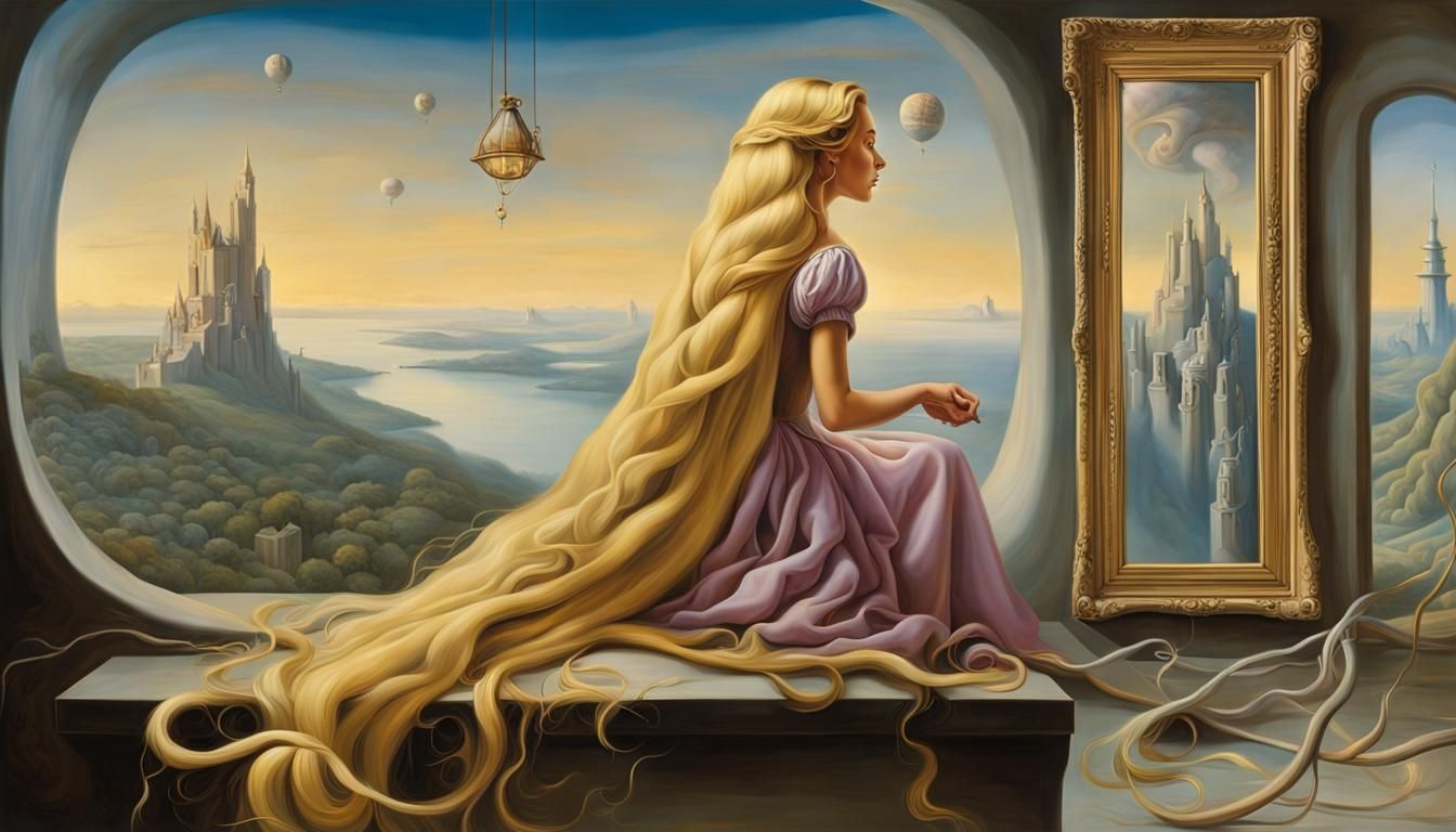 Rapunzel in Surrealist Dreamscape Oil Painting