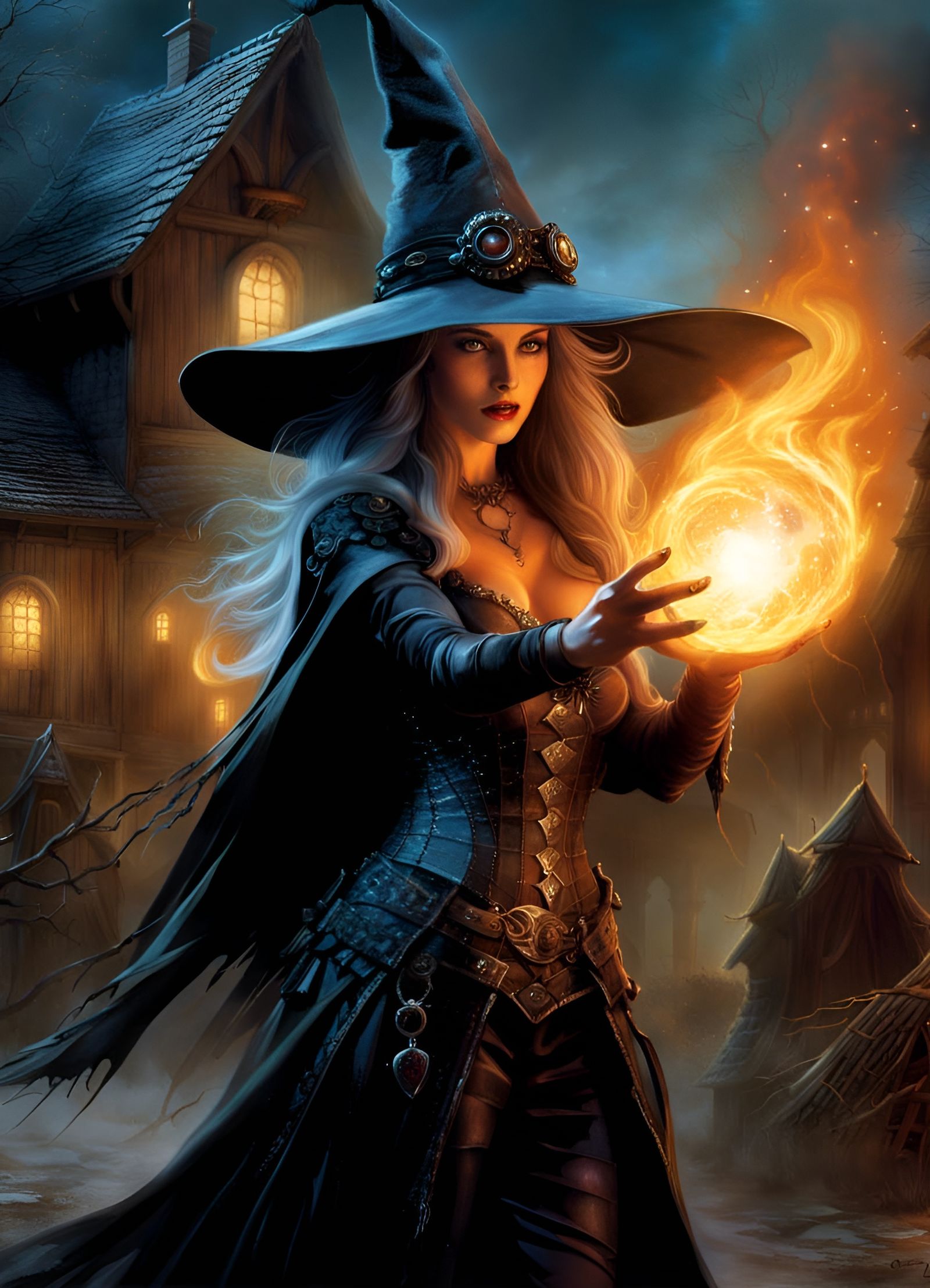 Witch Casting Fireball in Dark Fantasy Style