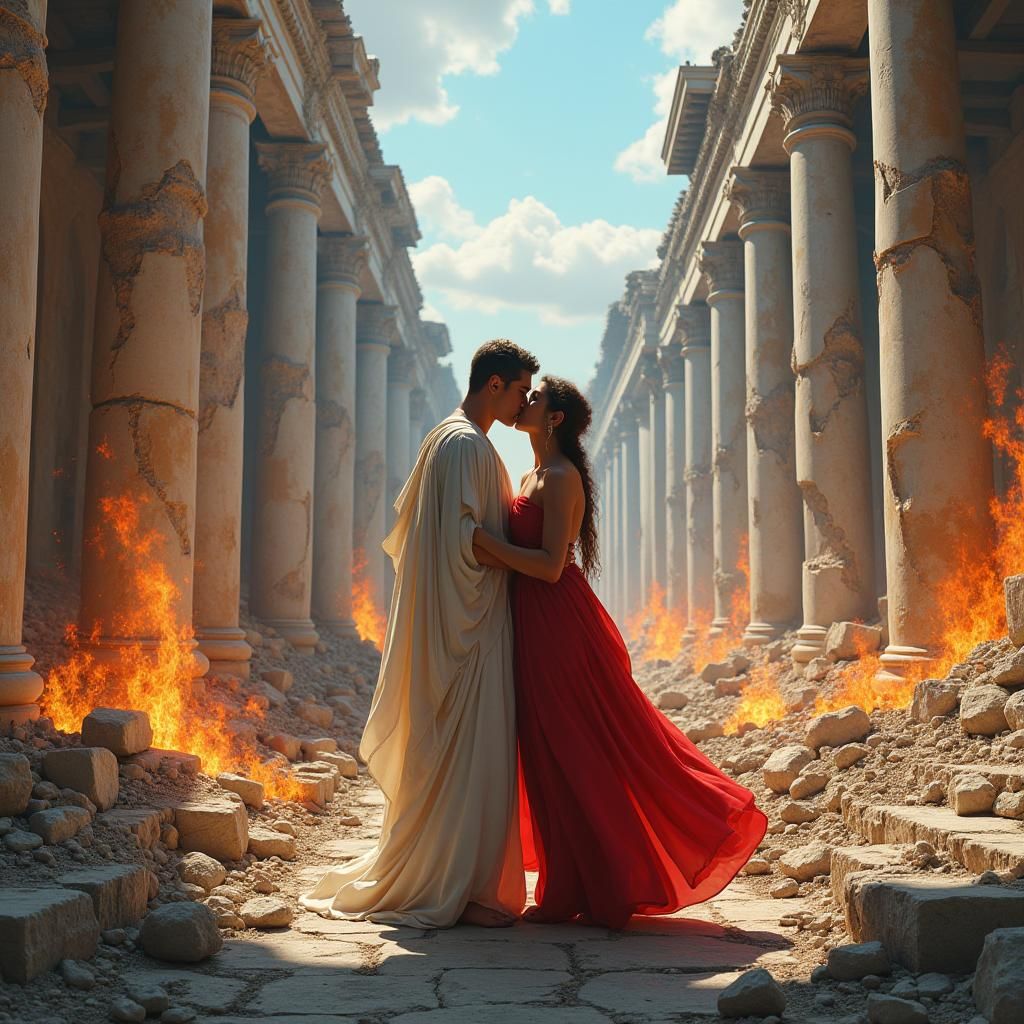 Kiss in Burning Ancient Cityscape, Fantasy Concept Art