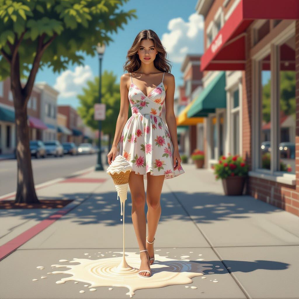 Woman with Melting Ice Cream, Photorealistic Digital Art