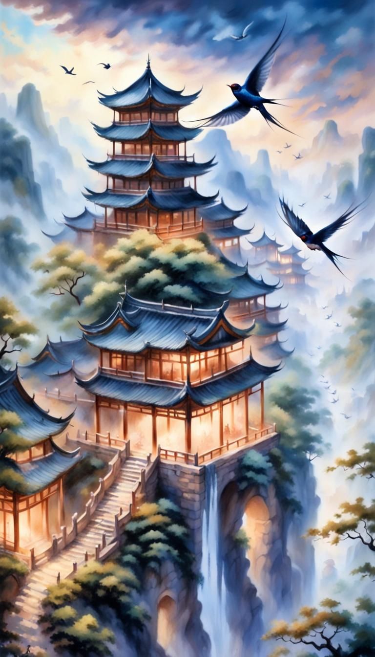 Swallow Flying Around Ancient Chinese Tower