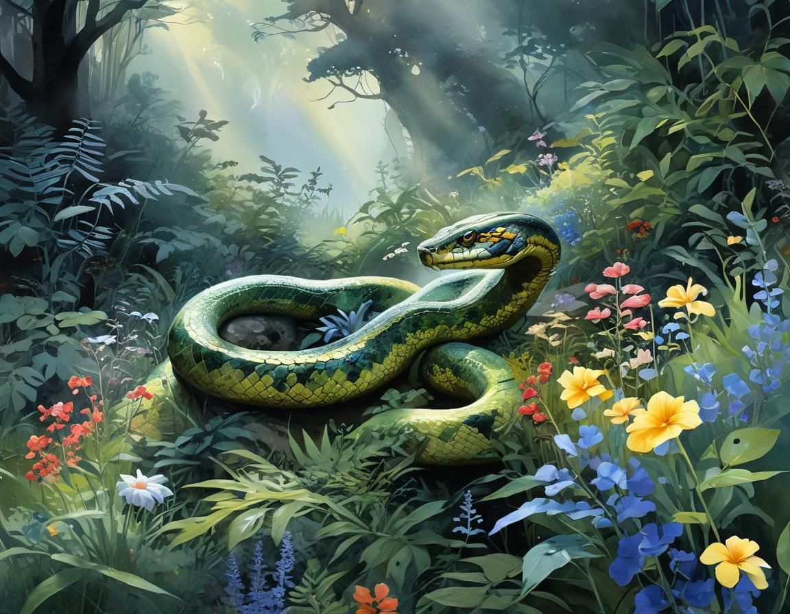 Multi-Headed Serpent Guards Treasure in Lush Rainforest