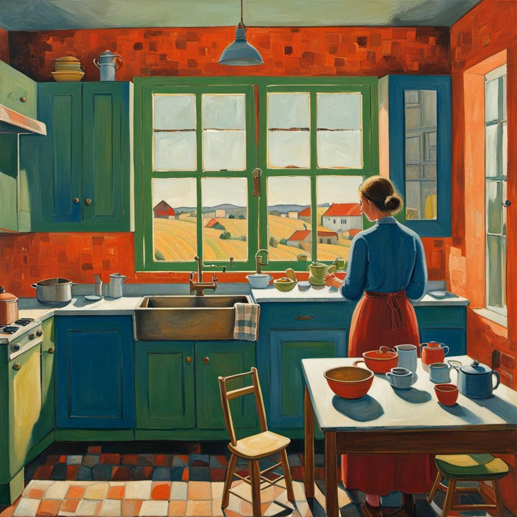 Abstract Woman in Kitchen with Complementary Colors