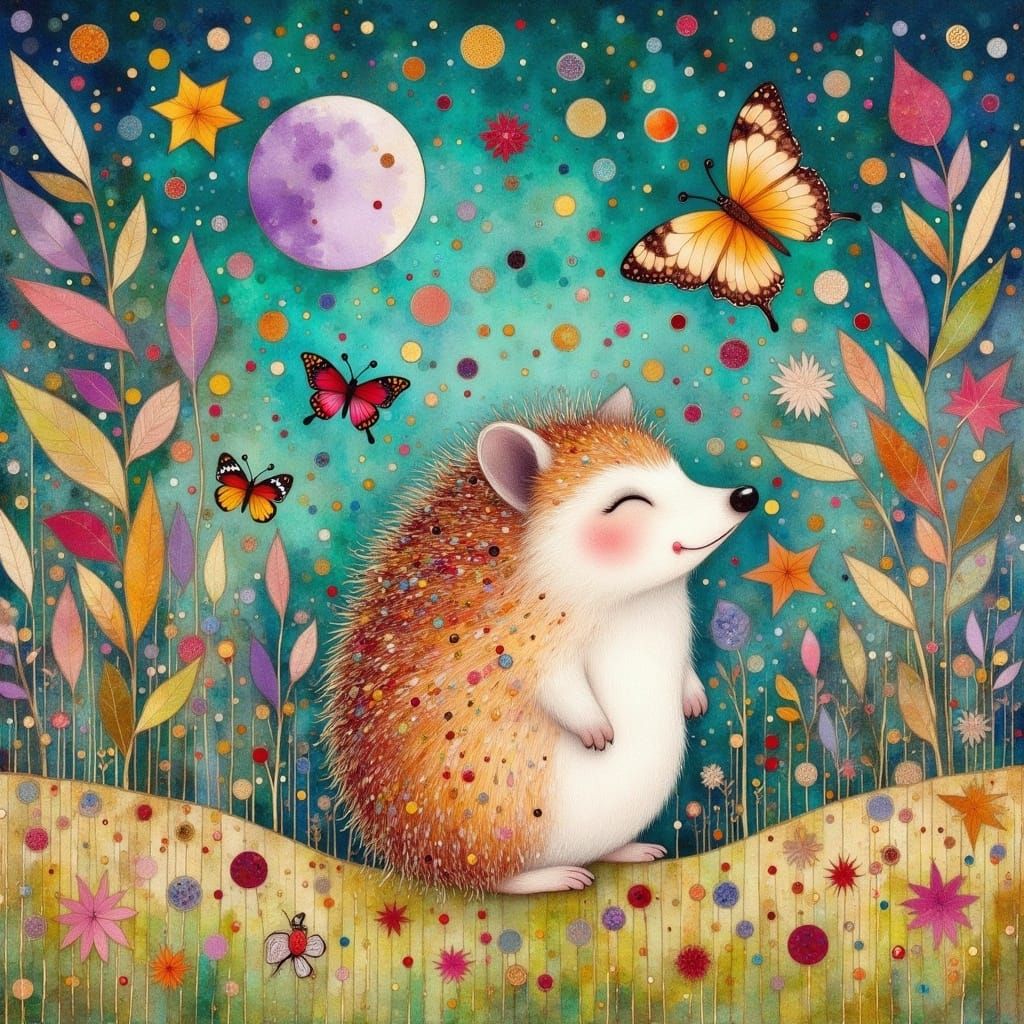Whimsical Watercolor Hedgehog Under Lavender Moon
