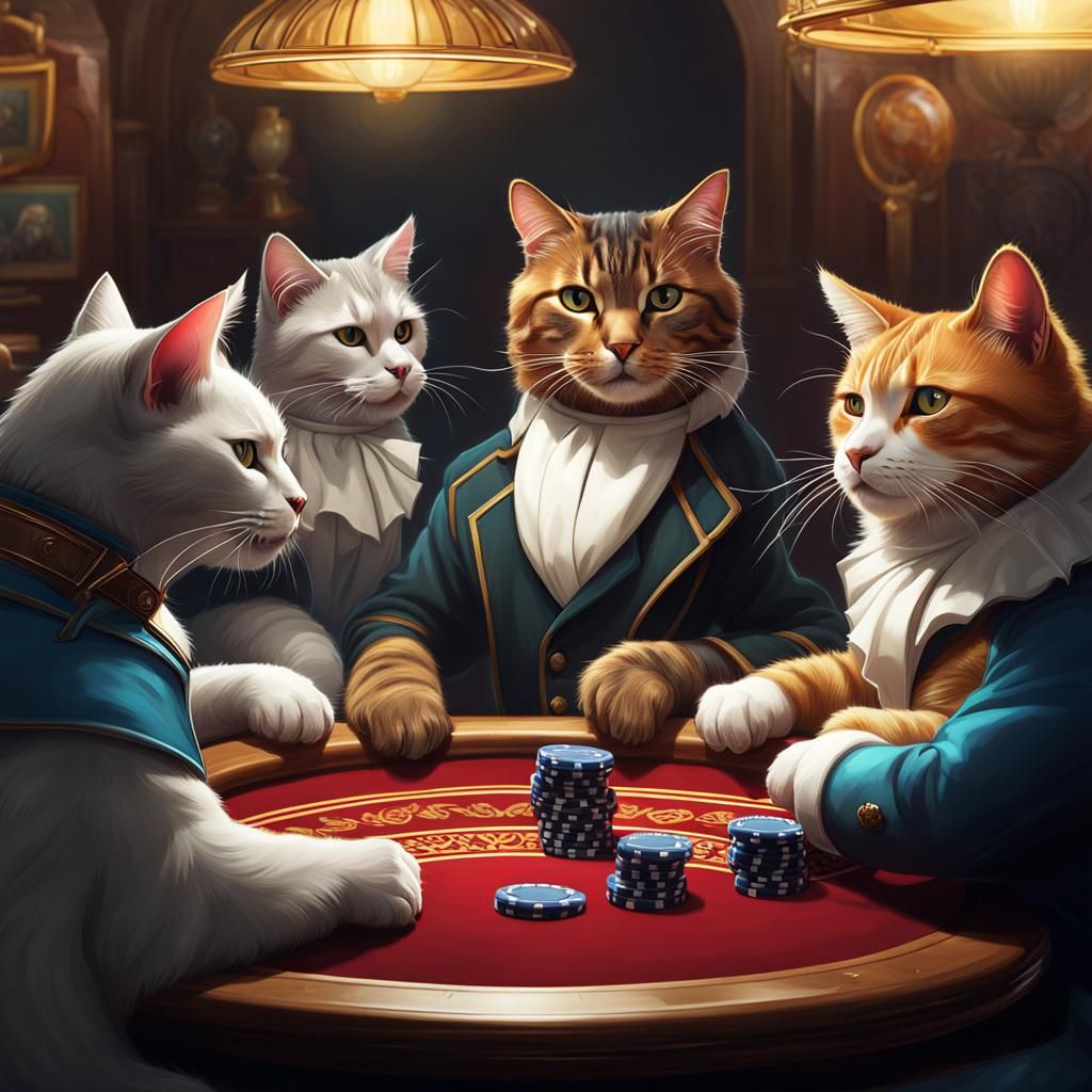 Hyperdetailed Cats Play Poker in Volumetric Lighting