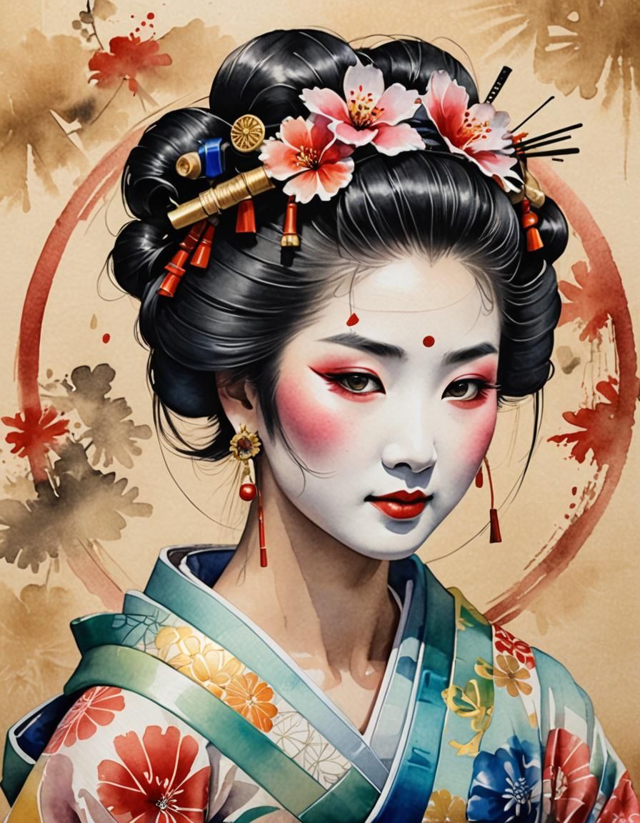 Colorful 3D Geisha with Sumi-e Painting Details