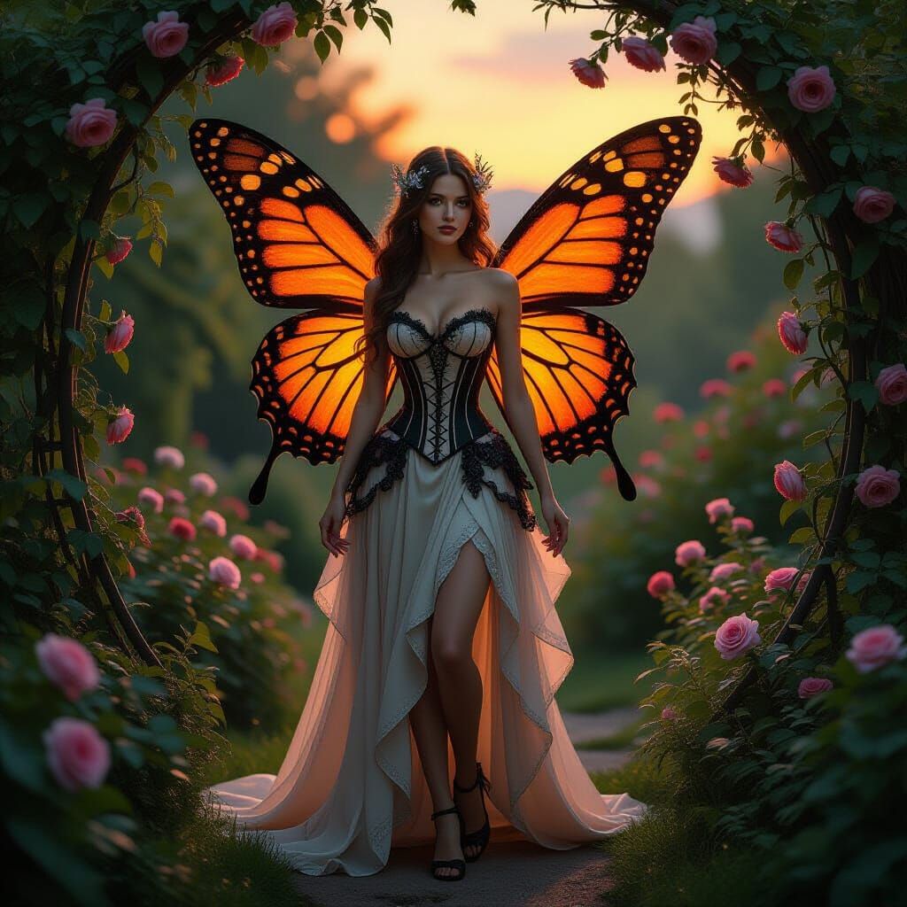 Enchanting Fairy in Twilight Garden with Gothic Spires