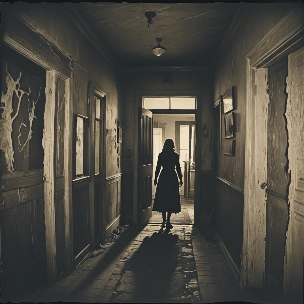 Woman's Silhouette Enters Spooky Room: Cinematic Film Still