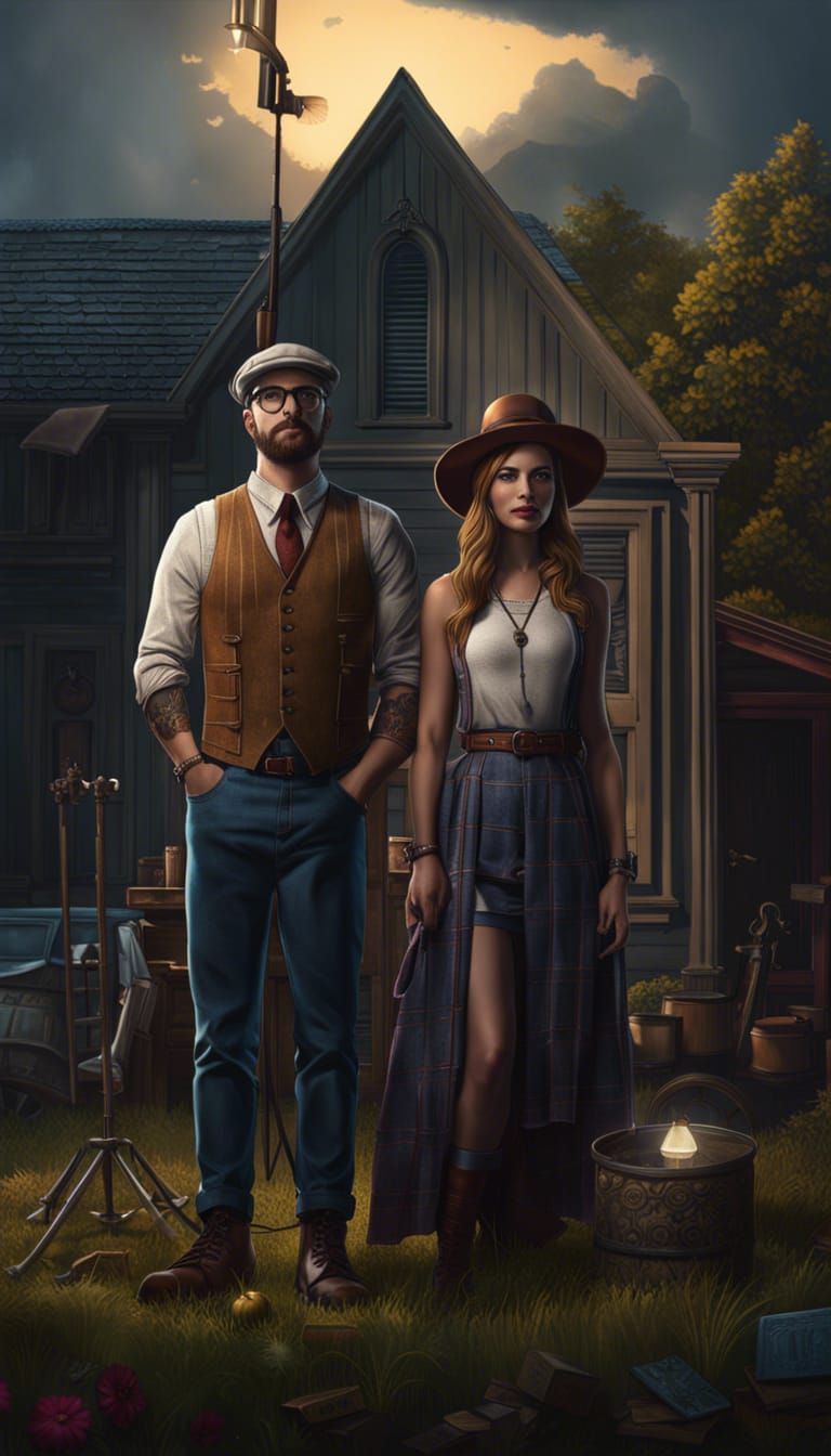 Hipster Couple in American Gothic Style, Digital Art