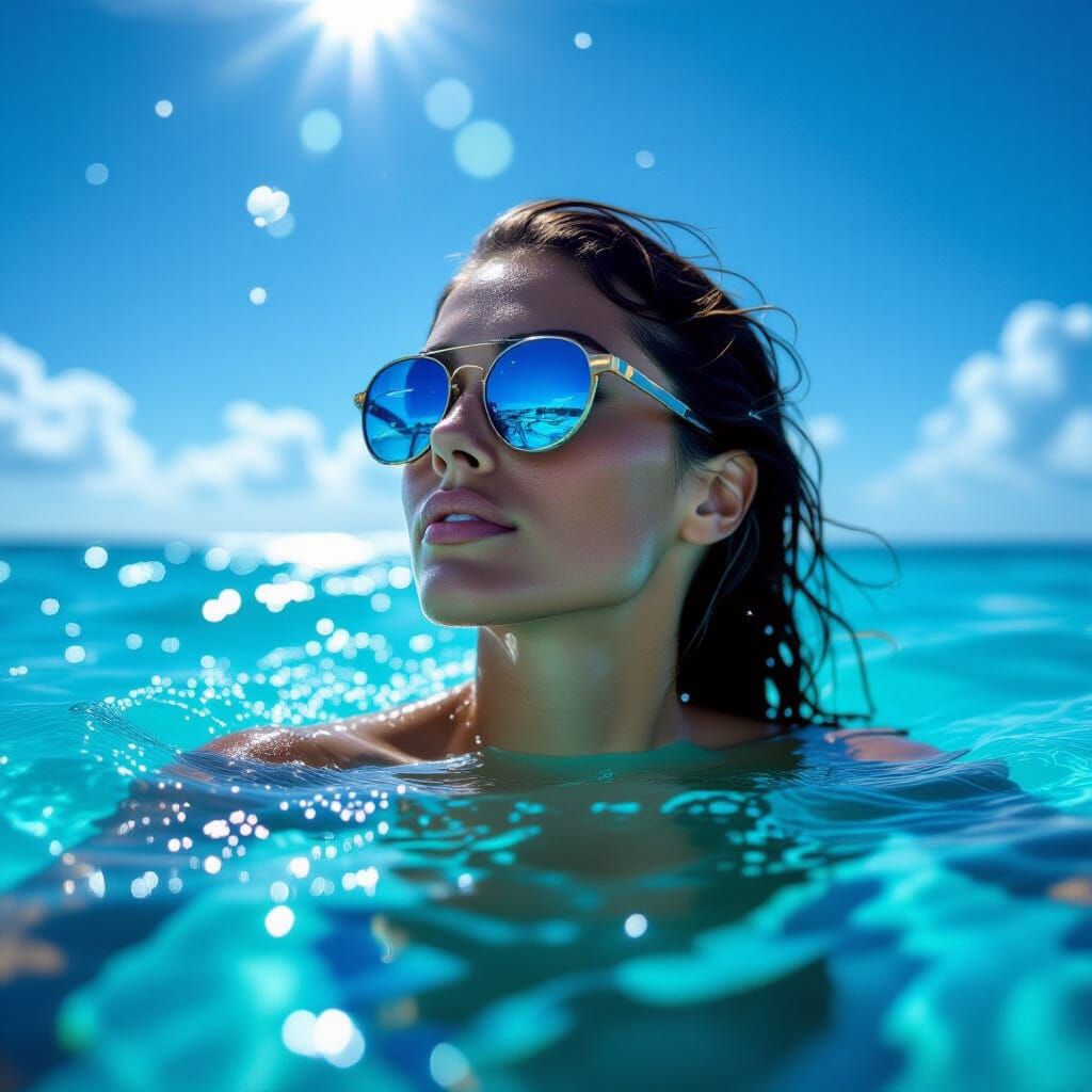 Swimmer Glides Through Ocean in Sunshine: Photography