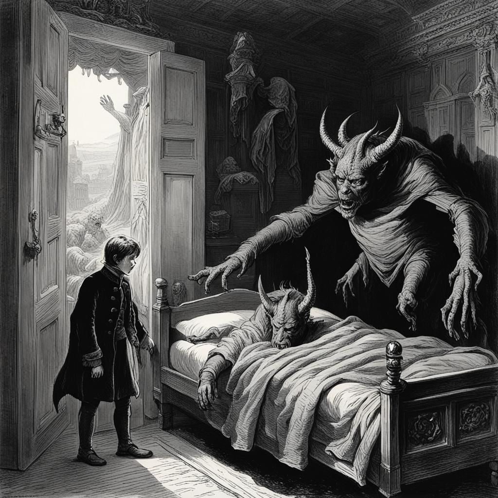 Menacing Creature Watches Sleeping Child: Dark Horror Art