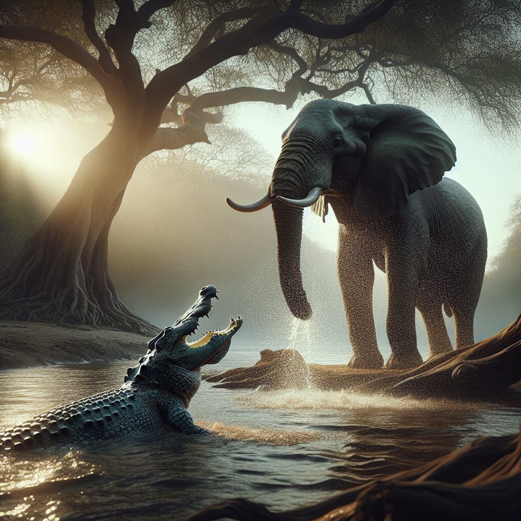 elephant is standing and drinking water, a crocodile comes