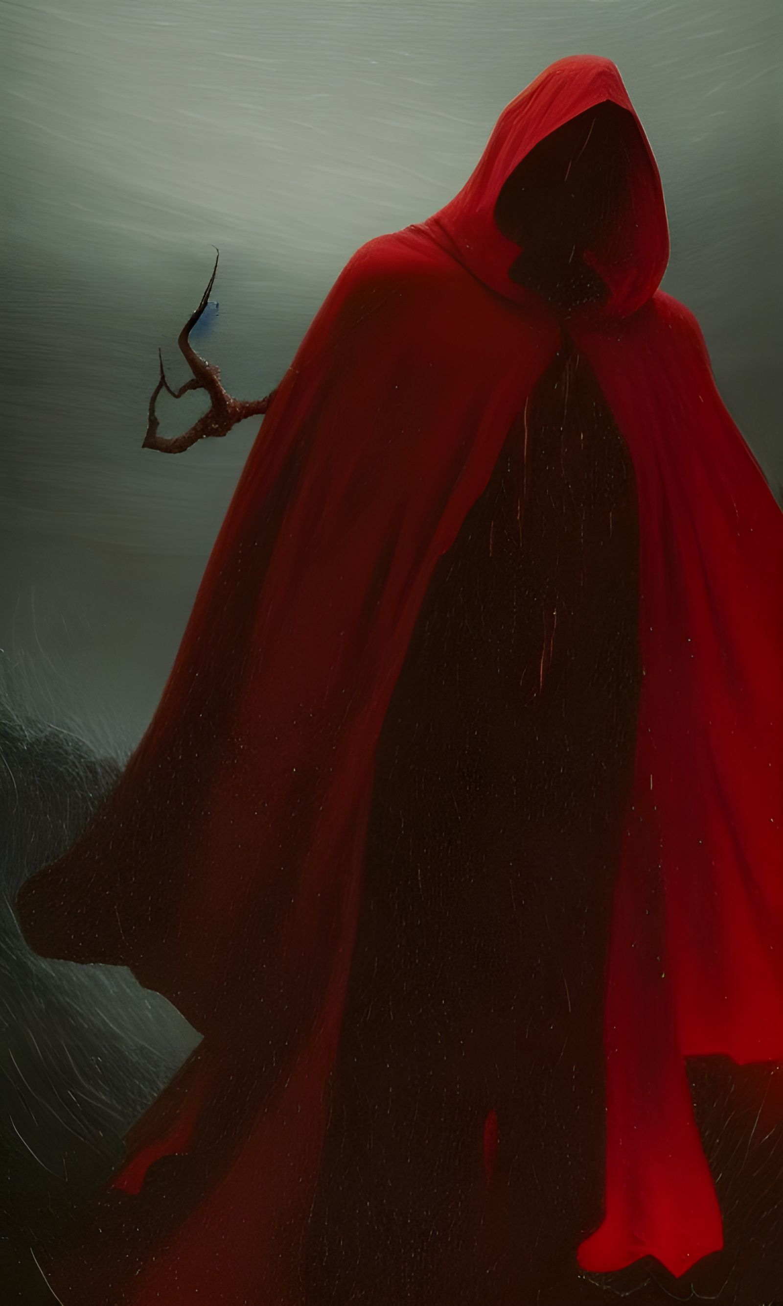 Red Cloak Figure in Thunderstorm, Hyperdetailed Poster Art