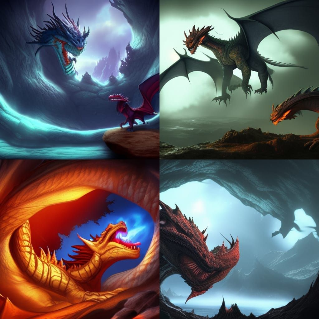 Mother and Baby Dragon in Cave, Hyperrealistic 3D