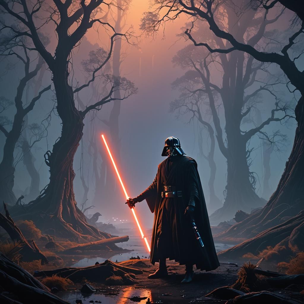 Film-Noir Jedi on Alien World in Neon Light