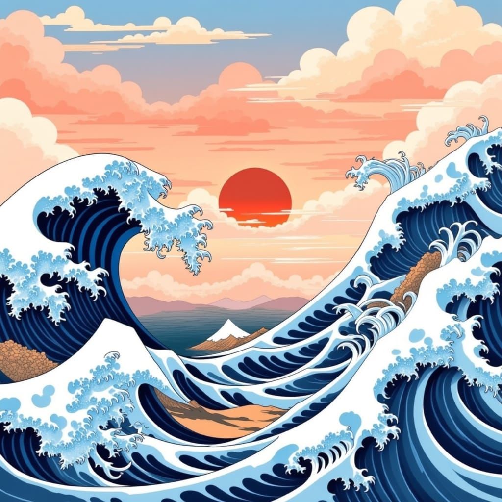 Japanese Waves in Sunset Glow, Blending Traditional and Mode...