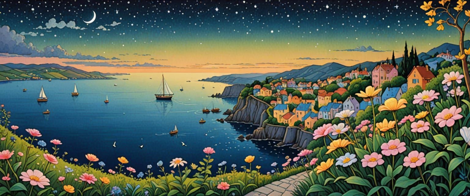 Naive Folk Art Seascape in Watercolor and Gouache