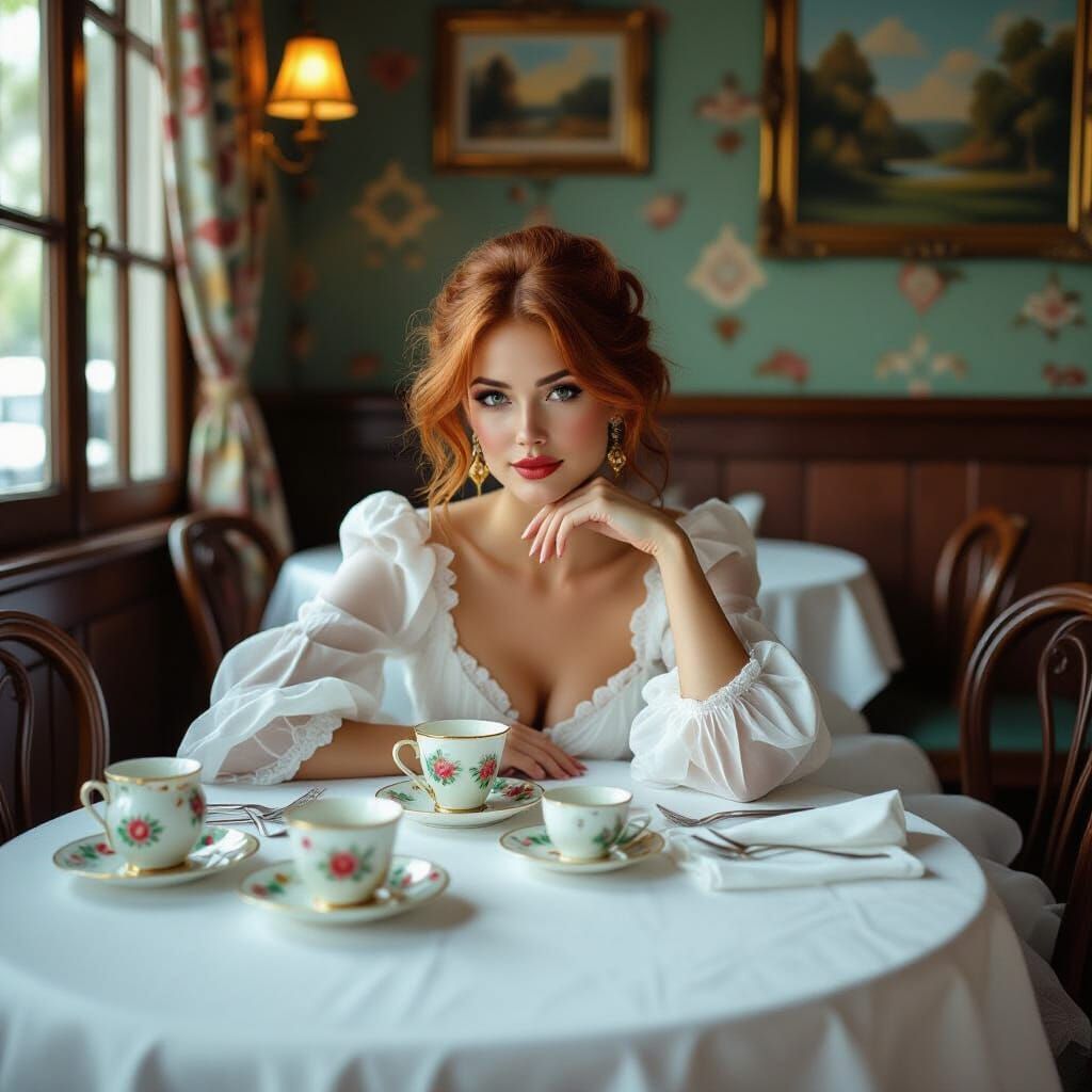 Mad Hatter Woman with Red Hair and Colorful Teacups