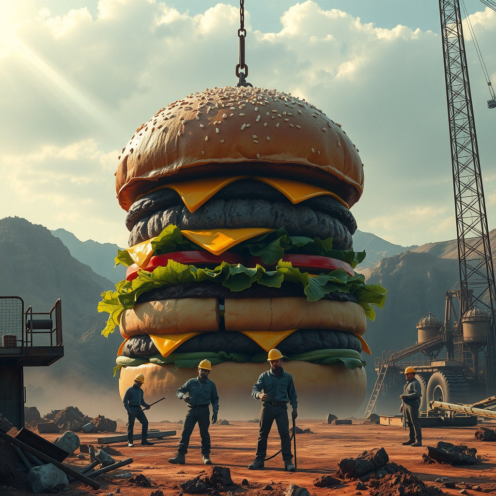 Hamburger Excavation in Industrial Surrealism Style