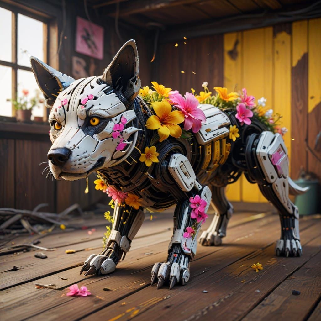 Cyberpunk Dog Born from Tangled Neon Flowers