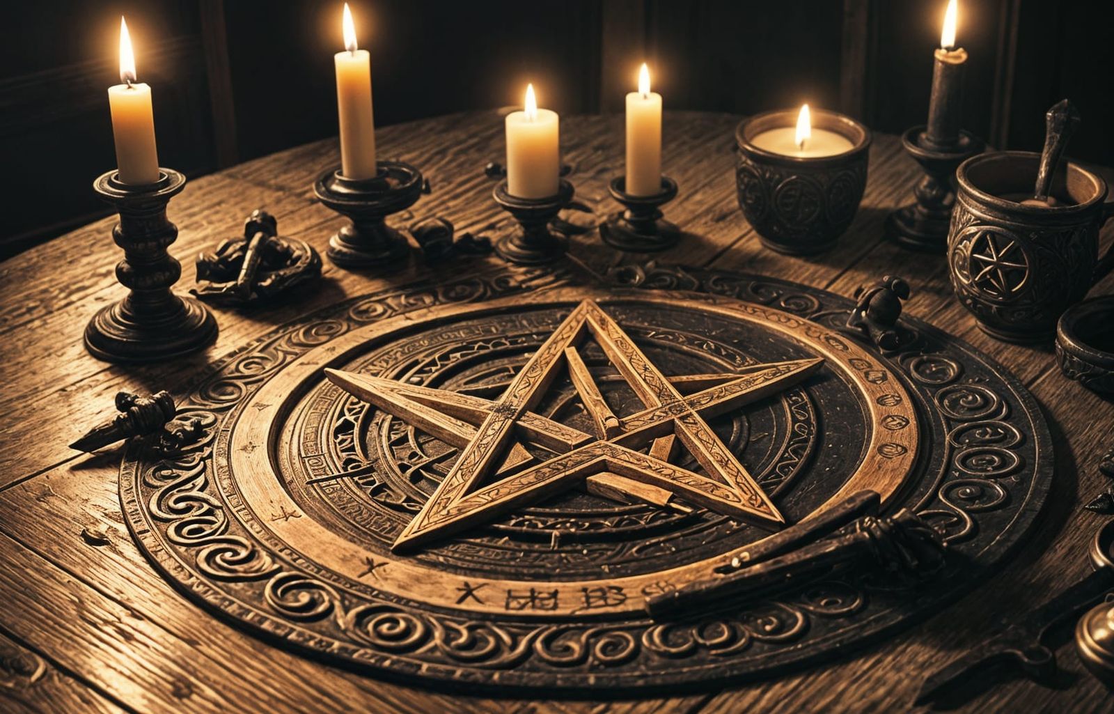 Pentagram Carved Table with Chalice and Candles