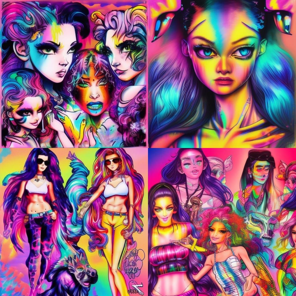 Lisa Frank Trap House Queens in Synthwave Neon Style