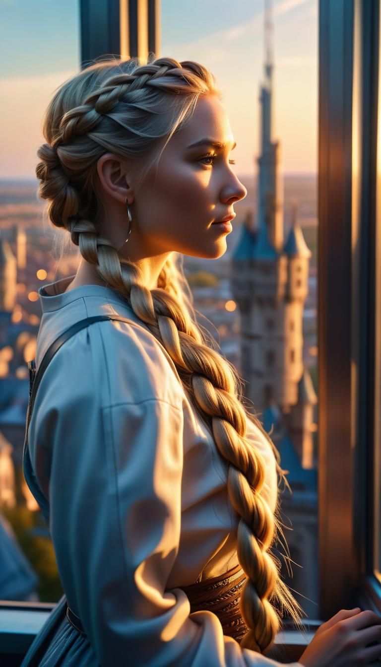 Rapunzel in Cyberpunk Tower at Golden Hour