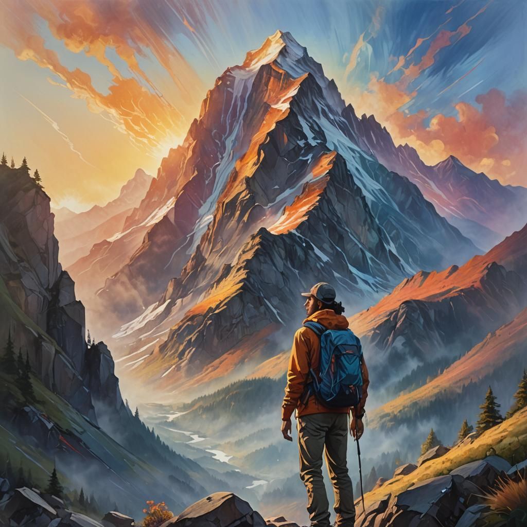 Hiker and Majestic Mountain at Sunrise: Ethereal Oil Paintin...