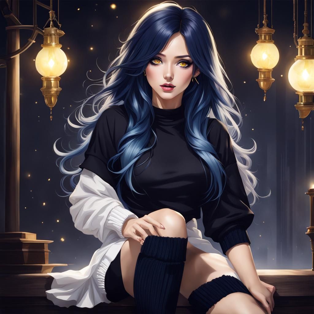 Anime Girl with Long Blue Hair and Yellow Eyes