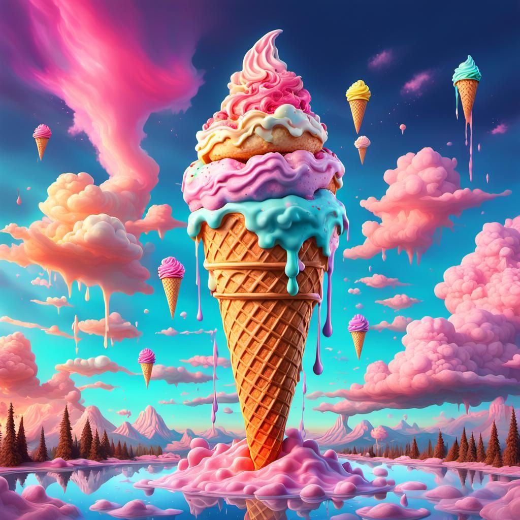 Neon Ice Cream Cone with Surreal Sky