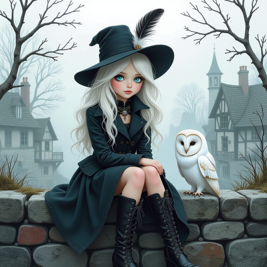 Ethereal Girl with Owl in Gothic Landscape