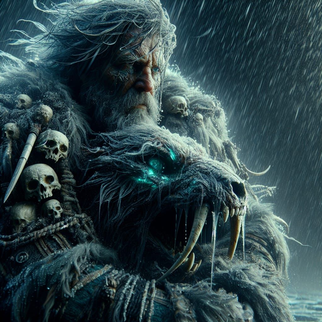 Inuit Warrior and Bioluminescent Beast in Storm