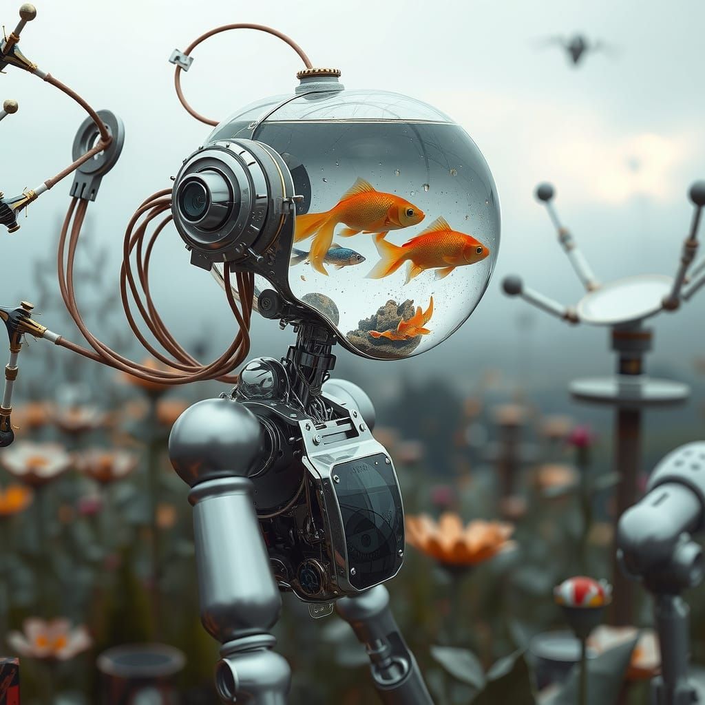 Futuristic Robot with Aquatic Head in Garden