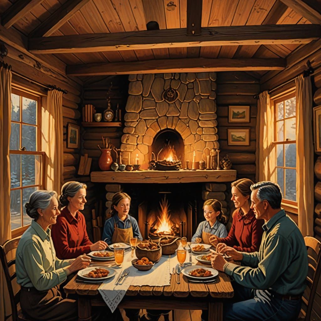 Cozy Family Dinner in a Rustic Log Cabin, Warm Golden Hour G...