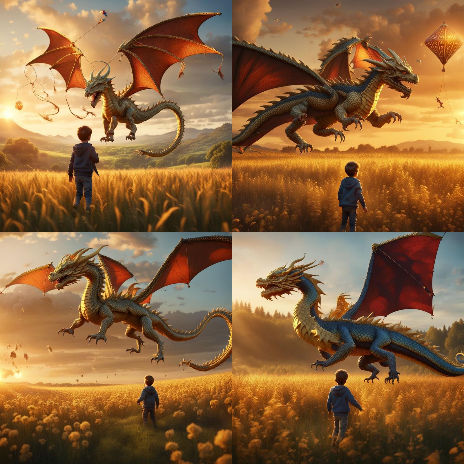Boy Flying Dragon Kite at Golden Hour