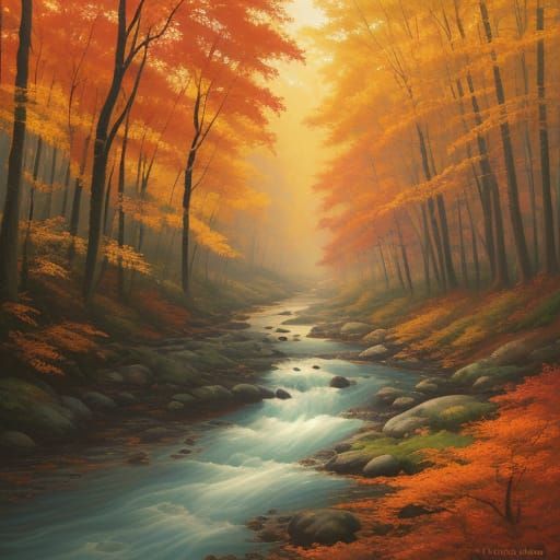 Vibrant Autumn River Landscape in Oil Painting Style