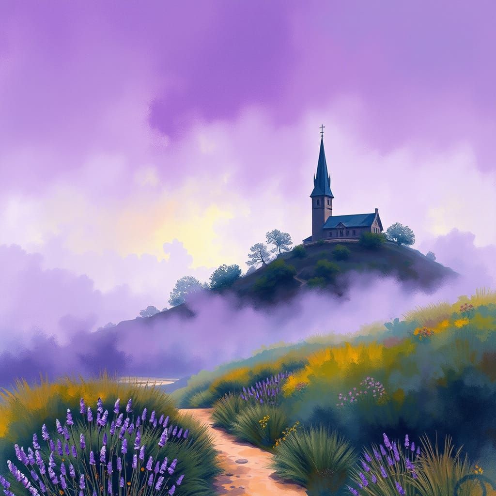 Violet Landscape in Gouache Style with Ethereal Mist