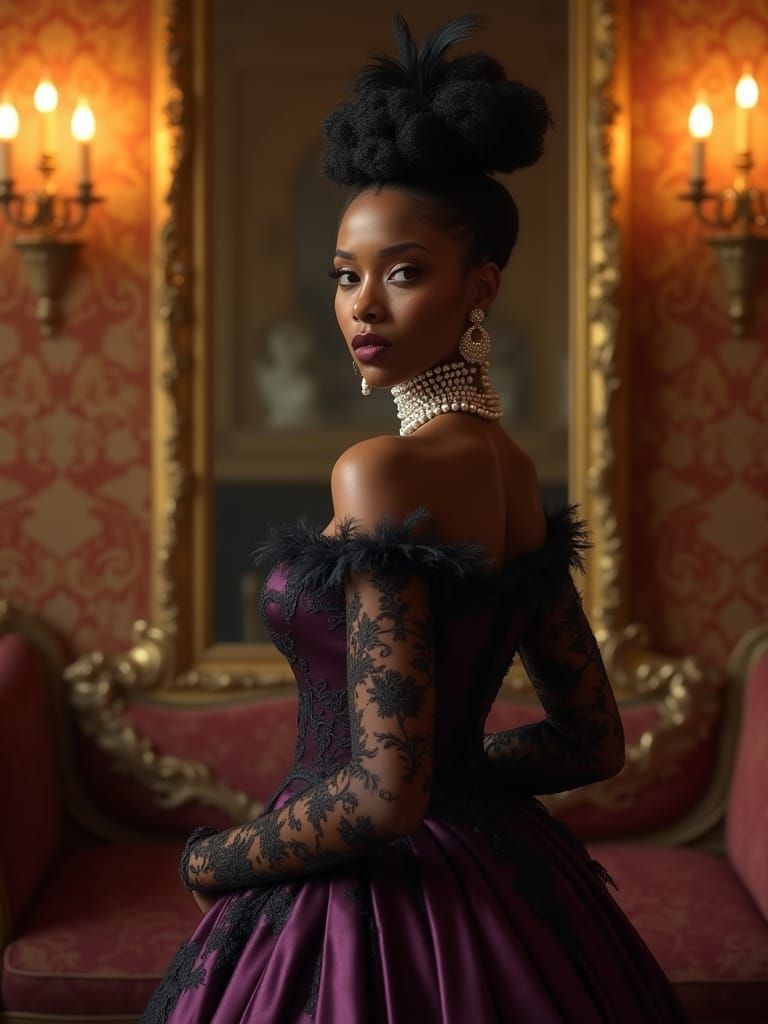 Elegant Black Woman in Gilded Age Portrait, Hyperrealistic S...