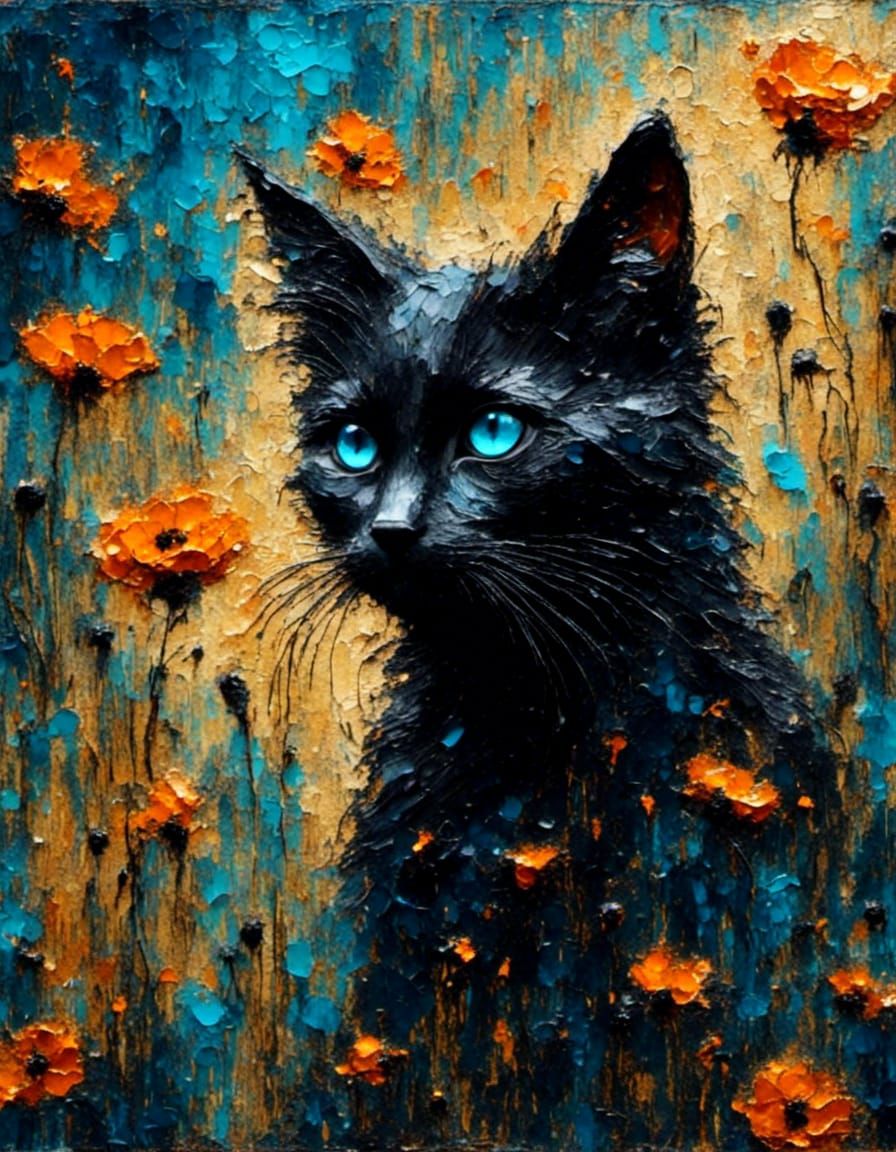 Black Cat in Poppies: Impasto Oil Painting