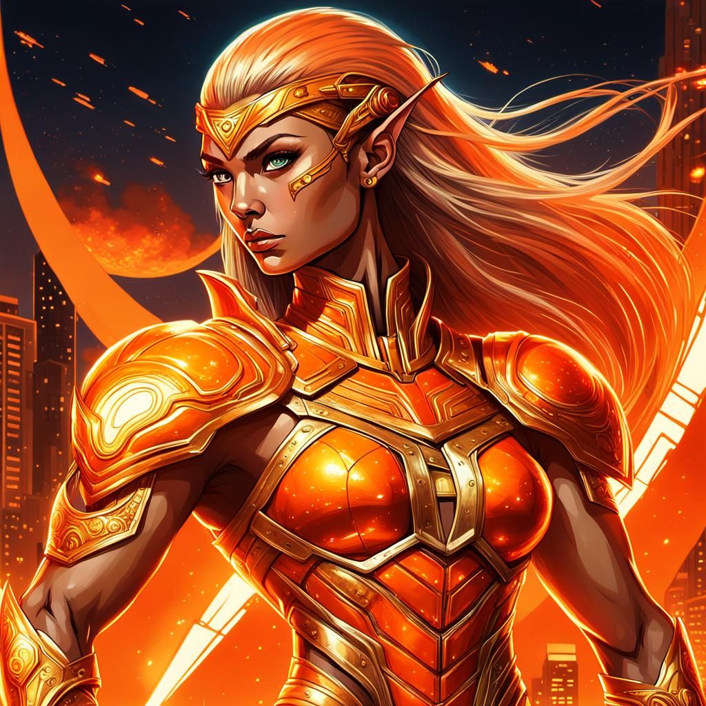 Powerful Elf Woman in Retrofuturistic Metropolis