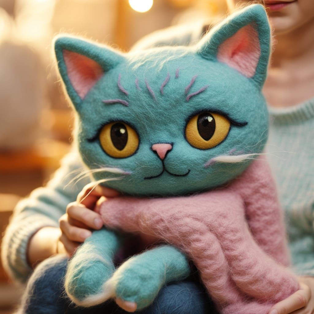 Felted Cat Sculpture in Whimsical Fiber Art Style