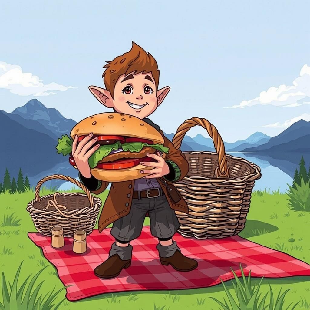 Halfling Picnic with Giant Sandwich: Minimalist Vector Art